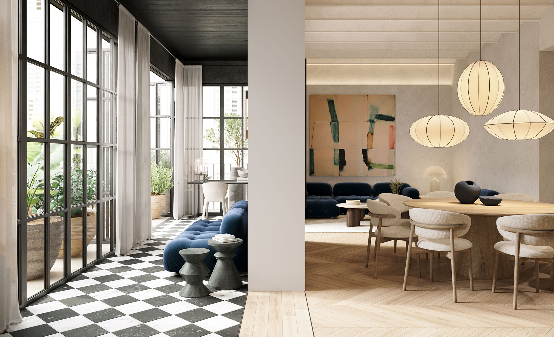 Stylish interior blending checkered flooring, natural light, and elegant modern furniture for a luxurious living-dining space.