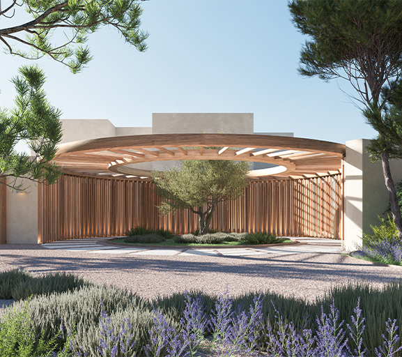 Contemporary patio with minimalist design, lush greenery, and calm ambiance for outdoor luxury living.