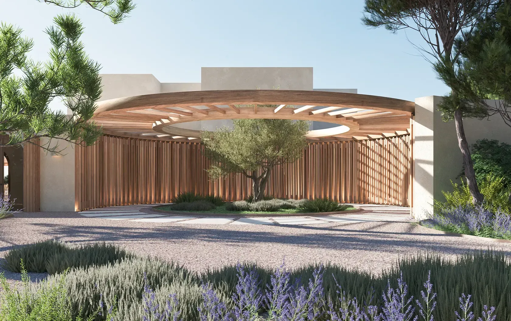 Warm entryway with natural wood, indirect lighting, and sculptural bench welcoming visitors into a luxury home.