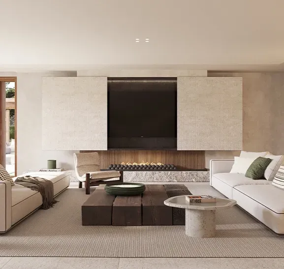 Elegant living room with custom fireplace, designer furniture, and contemporary decor in a luxury villa setting.