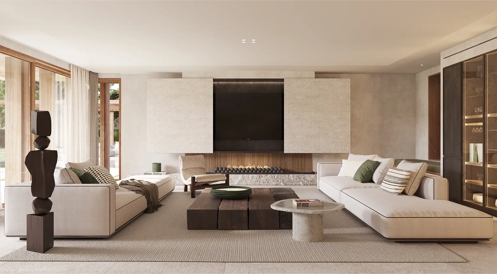 Elegant living room with custom fireplace, designer furniture, and contemporary decor in a luxury villa setting.