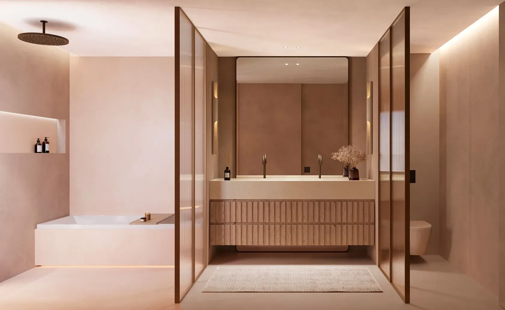 Luxury bathroom interior with soft lighting, minimalist architecture, and elegant wood finishes.