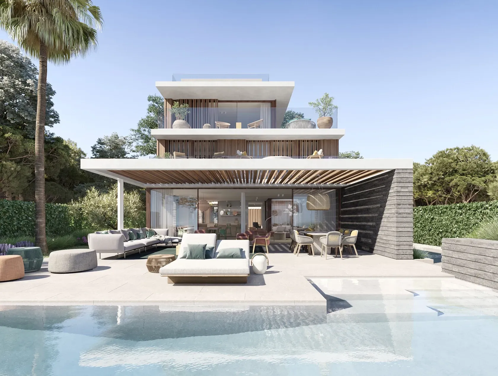 Modern luxury villa exterior with pool and rooftop terraces, designed by LUV Studio.