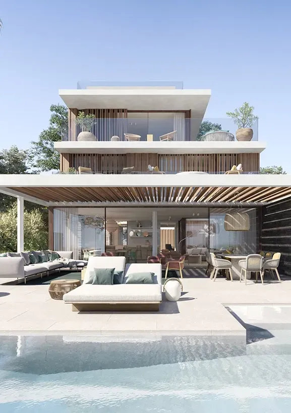 Modern luxury villa exterior with pool and rooftop terraces, designed by LUV Studio.