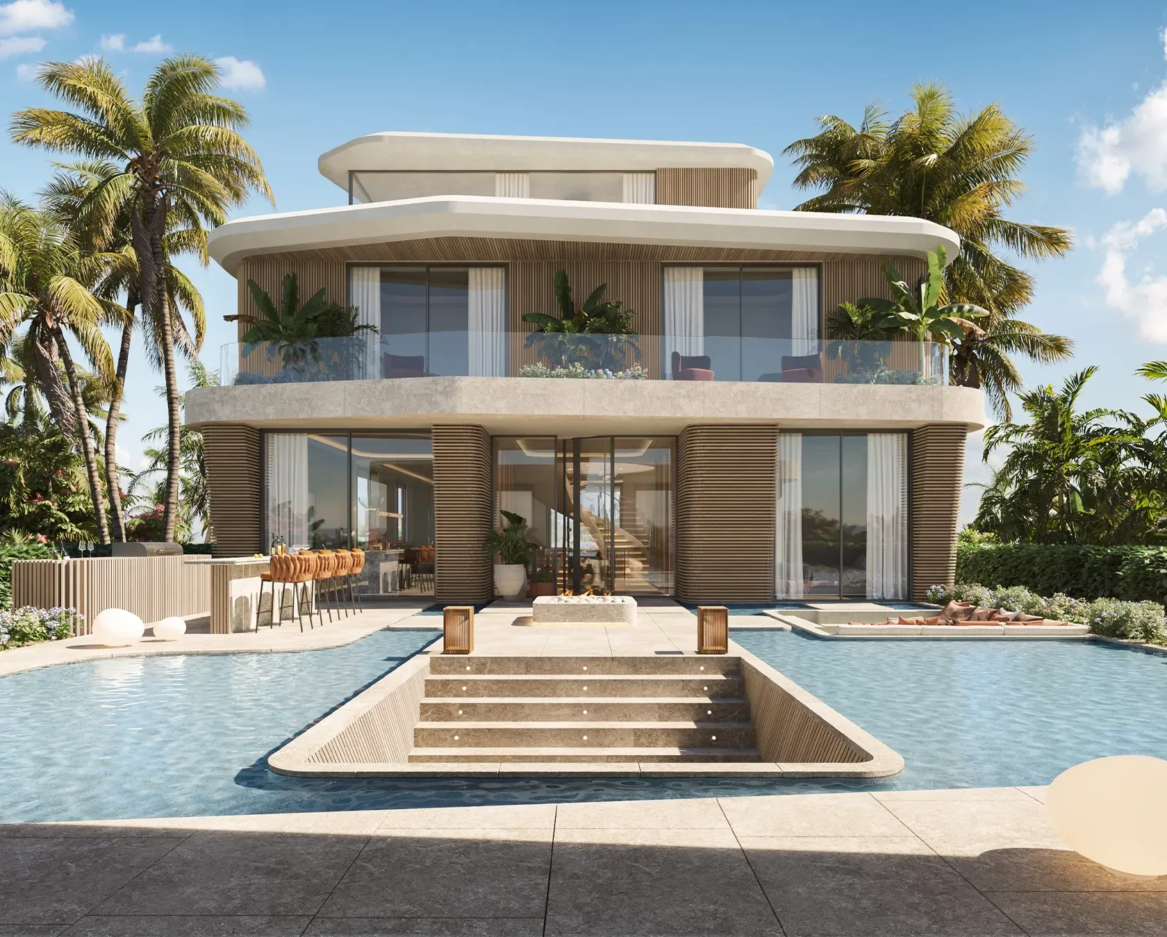 Contemporary luxury villa with curved architecture, palm trees, and a serene poolside setting.