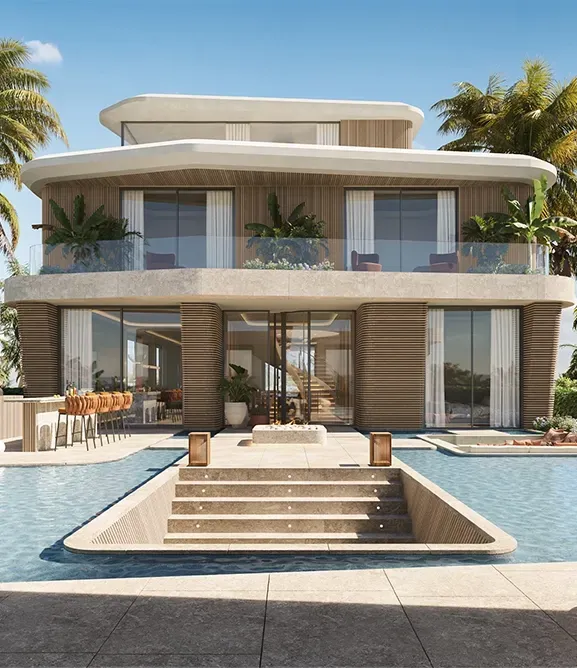 Contemporary luxury villa with curved architecture, palm trees, and a serene poolside setting.