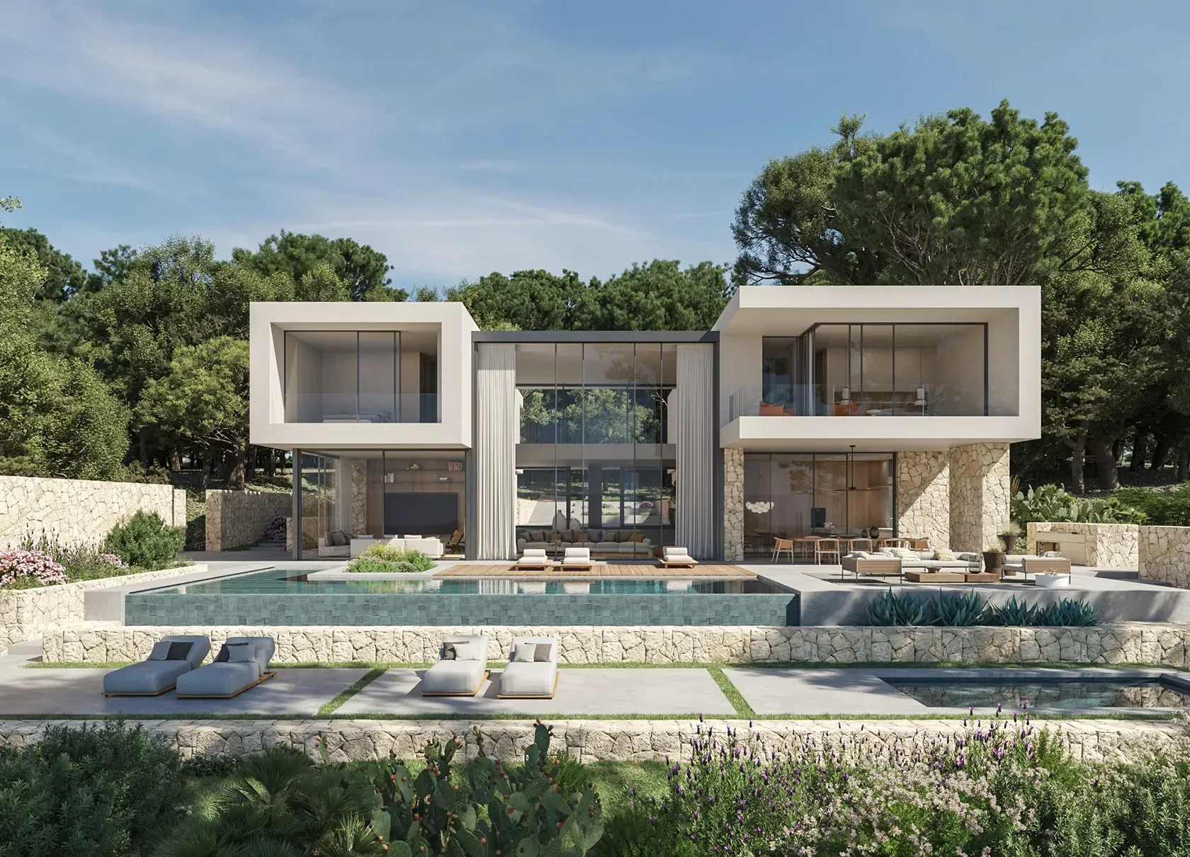 Contemporary luxury villa by LUV Studio with geometric volumes, natural stone base, and panoramic sea views framed by lush greenery.
