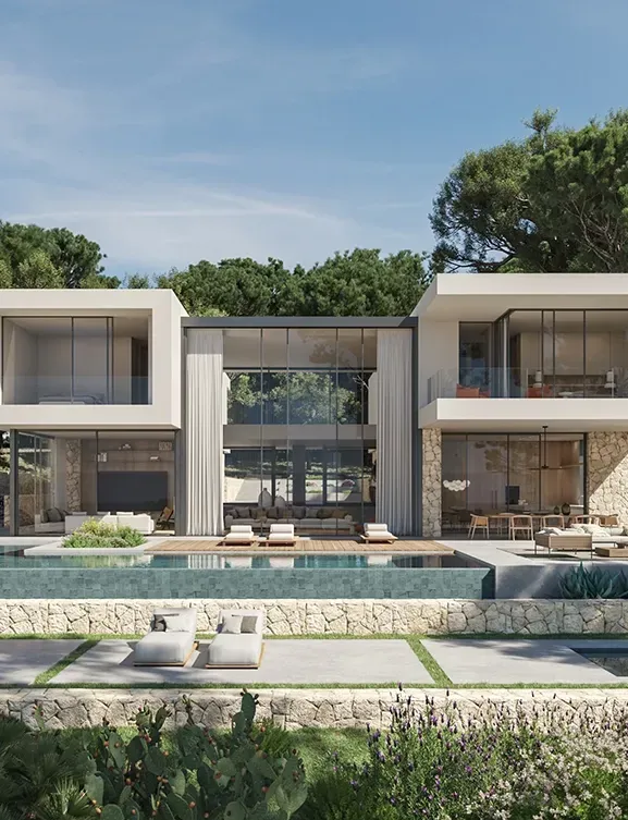 Contemporary luxury villa by LUV Studio with geometric volumes, natural stone base, and panoramic sea views framed by lush greenery.