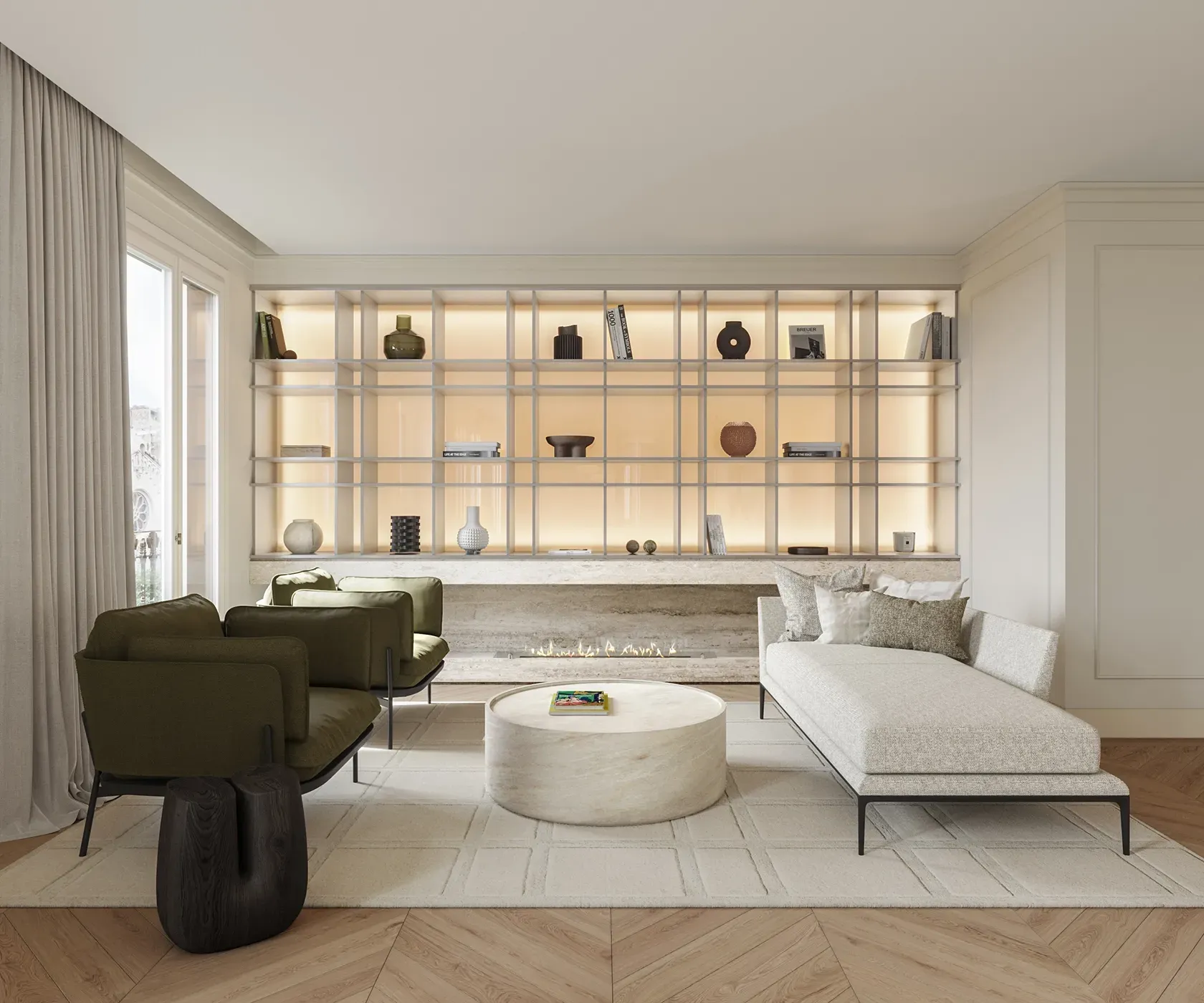 Refined living room with backlit shelving, fireplace, olive-toned armchairs, and minimalist decor.