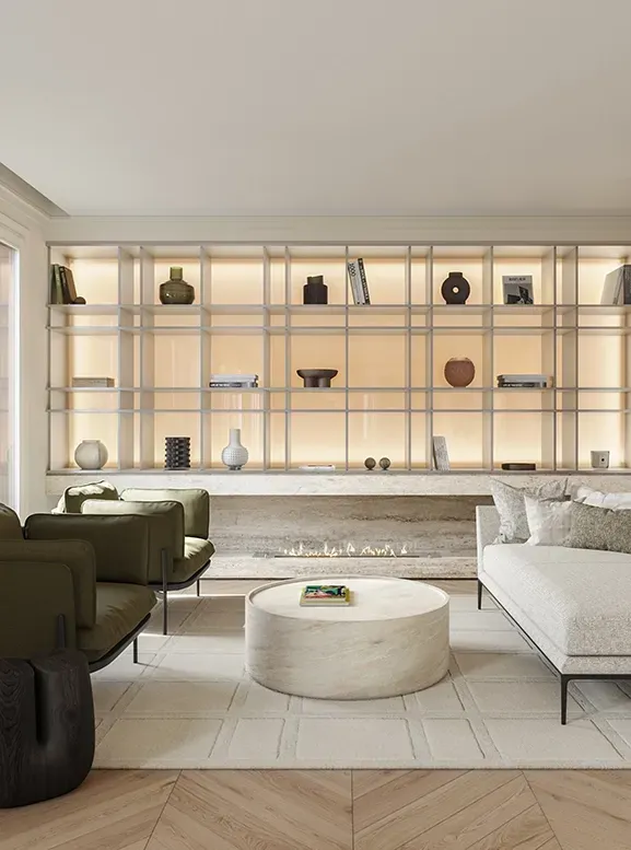 Refined living room with backlit shelving, fireplace, olive-toned armchairs, and minimalist decor.