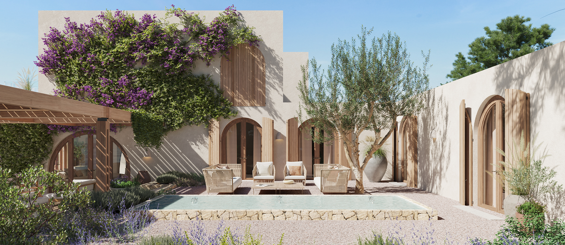 Contemporary patio with minimalist design, lush greenery, and calm ambiance for outdoor luxury living.