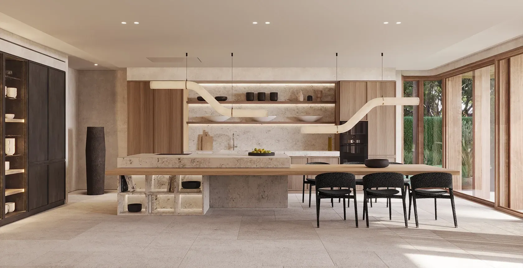 Open-plan luxury kitchen with natural stone finishes, custom lighting, and floor-to-ceiling windows overlooking greenery.