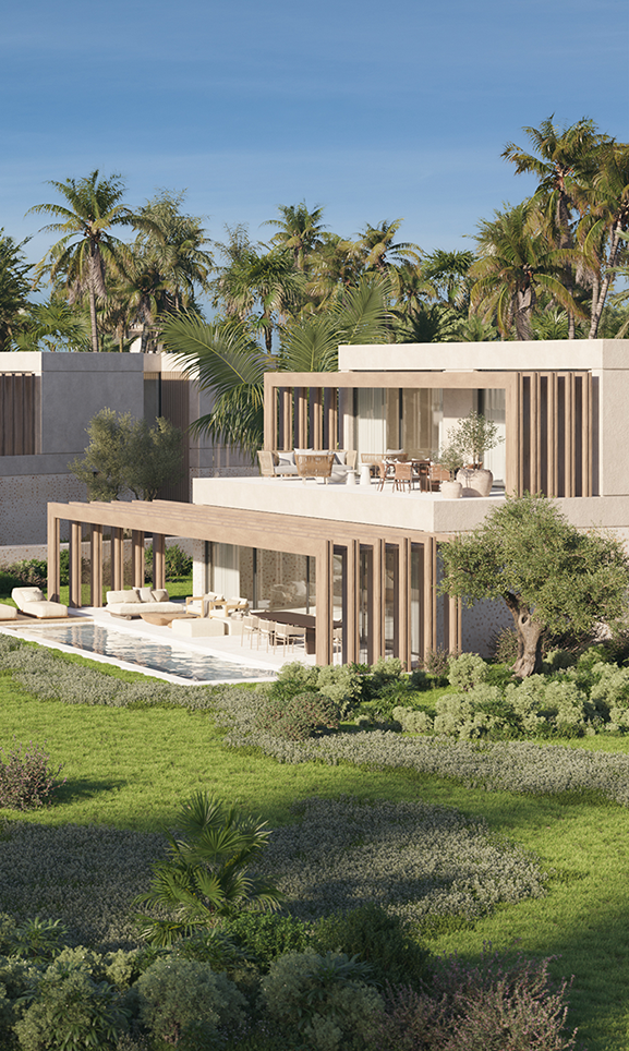 Chalets with private patios and open façades overlooking the Mediterranean.