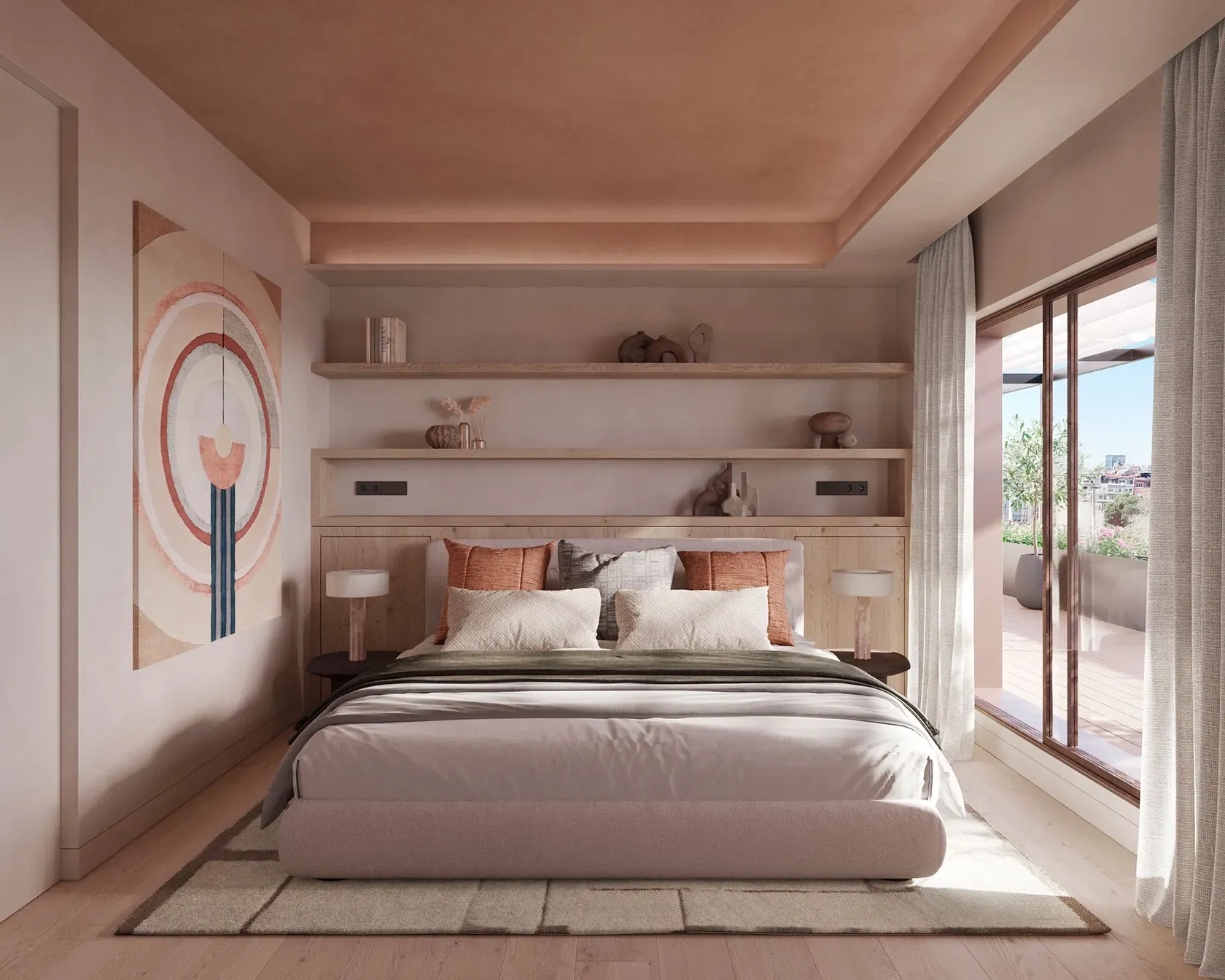 Cozy guest bedroom featuring natural tones, modern art, and access to a terrace in a luxury architectural setting.