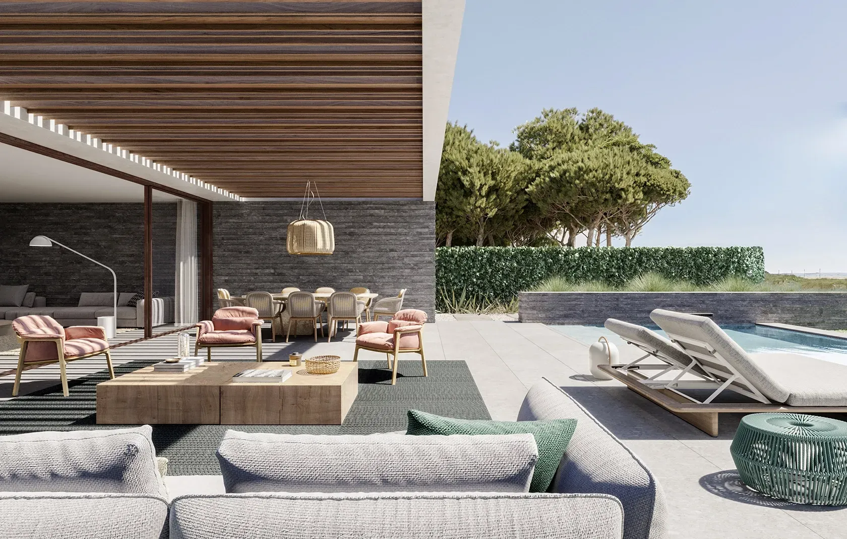 Contemporary outdoor lounge and dining area under wooden pergola next to a pool.