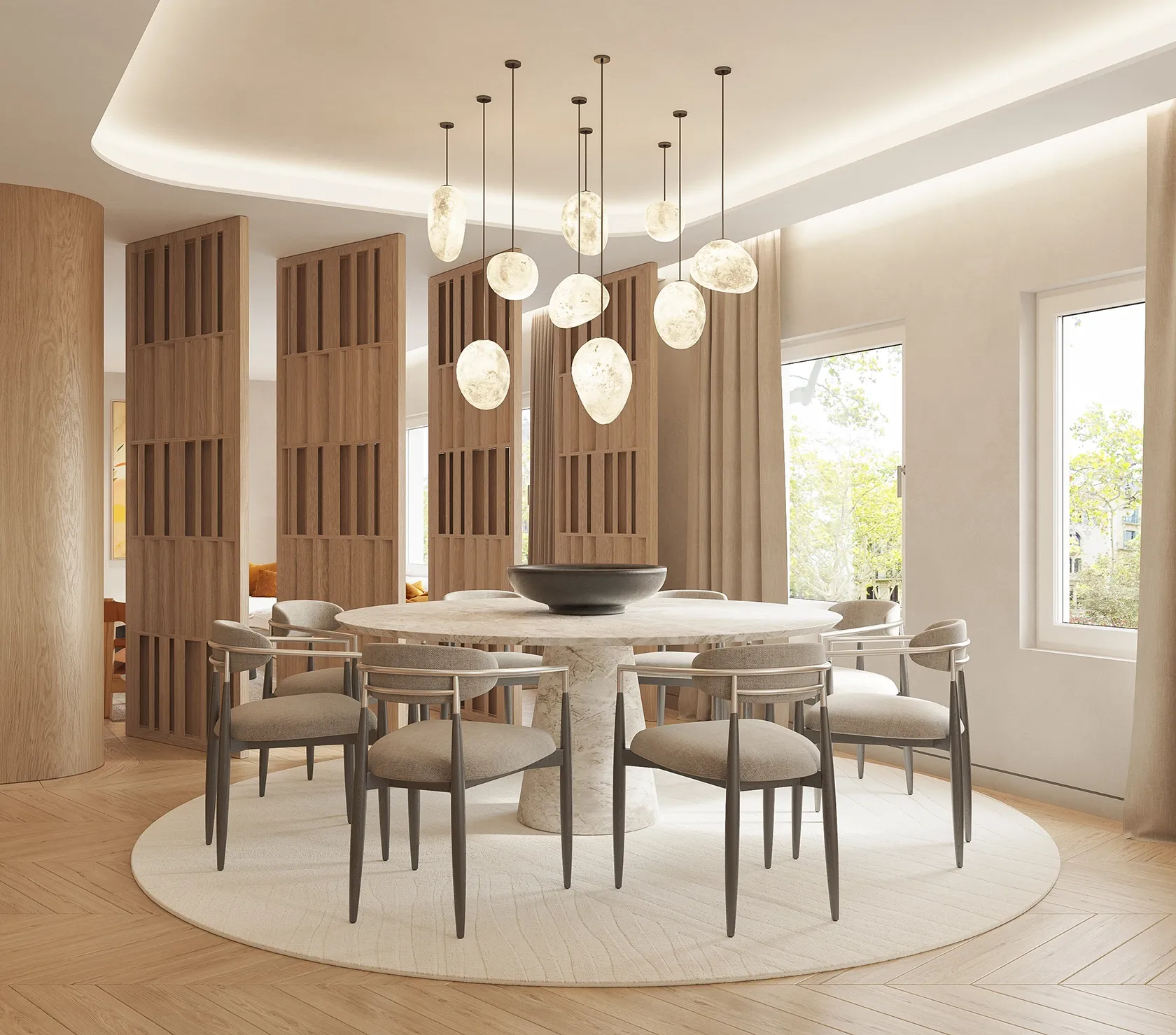 Open dining room emphasizing light, proportion, and contemporary elegance.