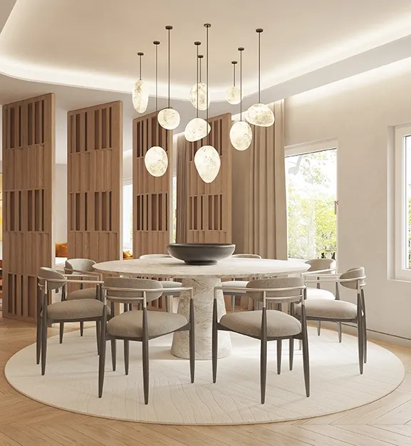 Open dining room emphasizing light, proportion, and contemporary elegance.
