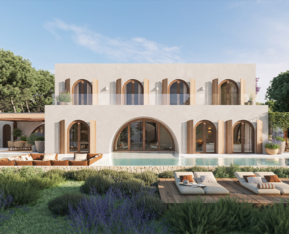 Elegant street-facing facade with clean architectural lines and natural textures defining luxury residential design.