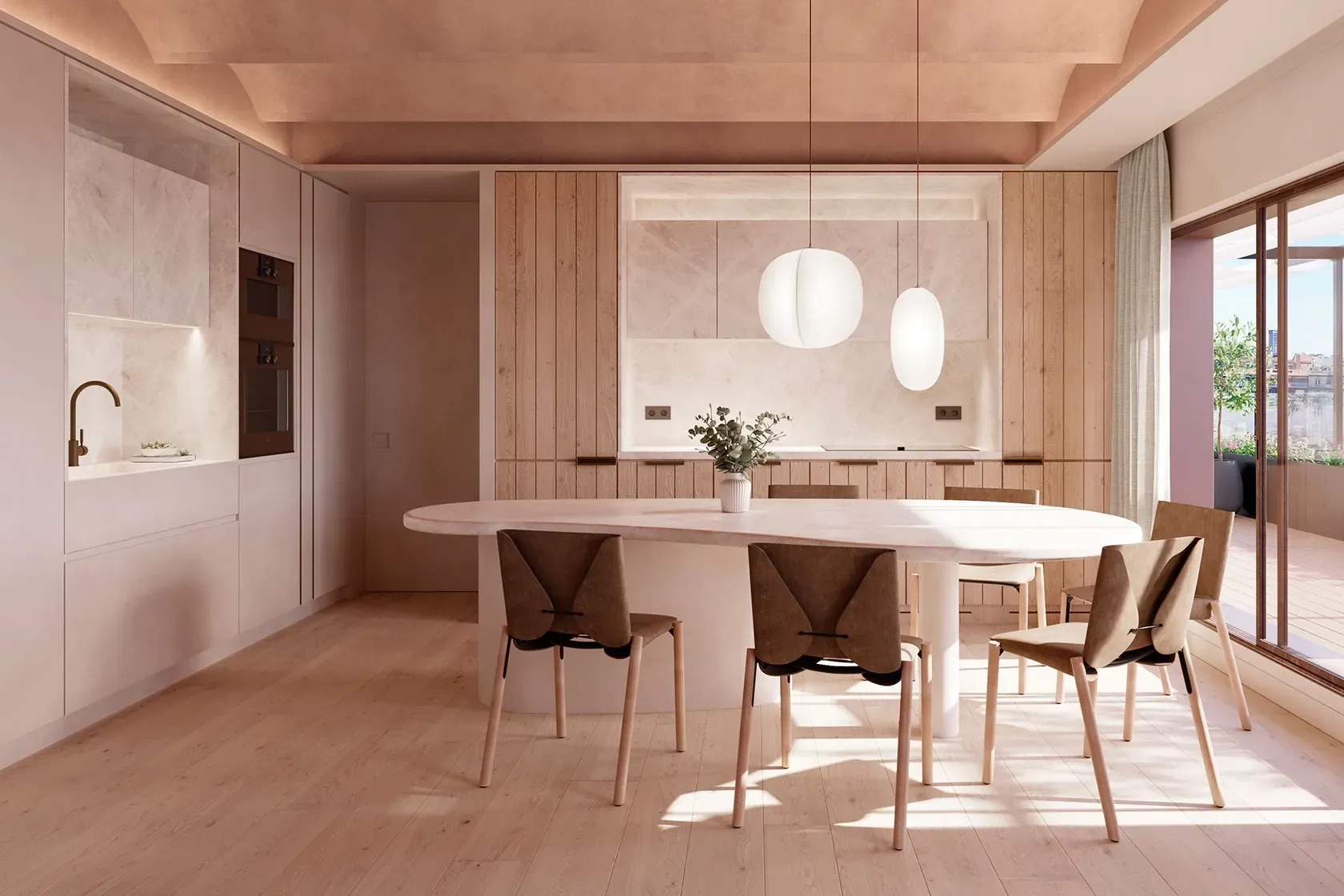 Modern kitchen with sculpted ceiling, luxury design details, and wood textures integrated into elegant architecture.