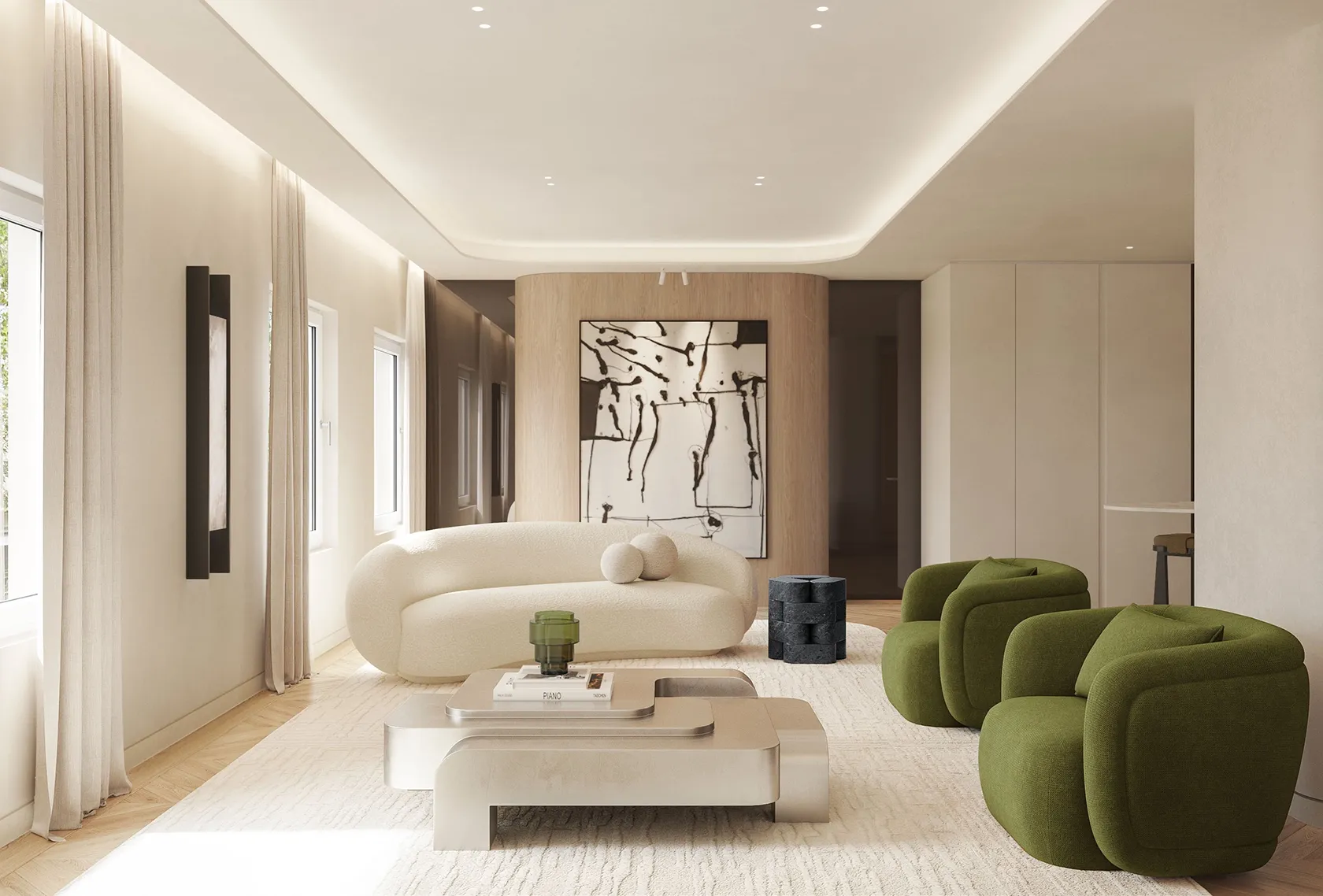 Bright living room with neutral tones, natural textures, and elegant furnishings.