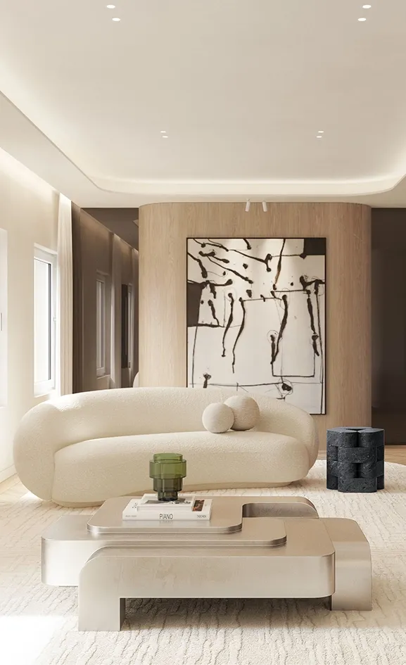 Bright living room with neutral tones, natural textures, and elegant furnishings.