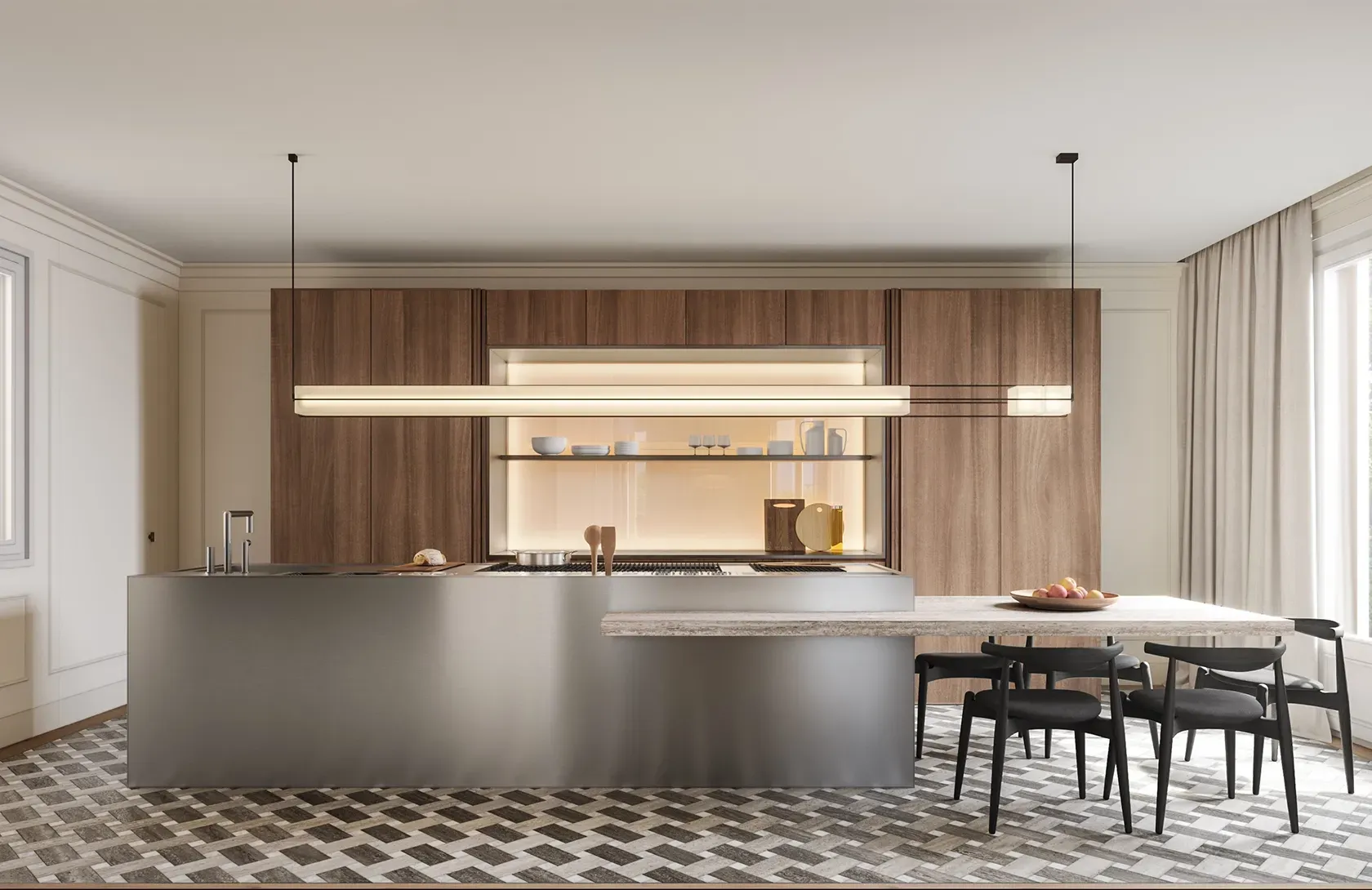 Sophisticated kitchen with warm wood cabinetry, a stainless steel island, and geometric tile flooring.