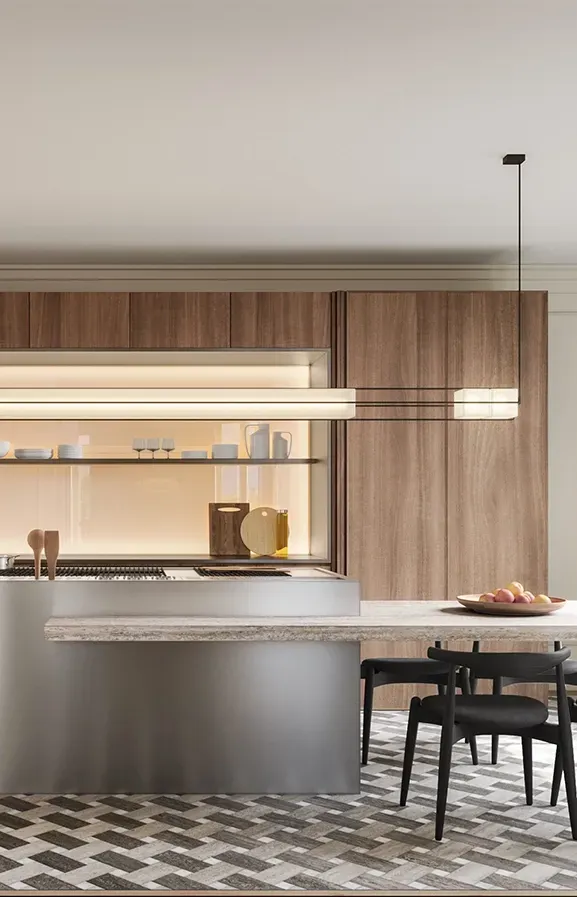 Sophisticated kitchen with warm wood cabinetry, a stainless steel island, and geometric tile flooring.