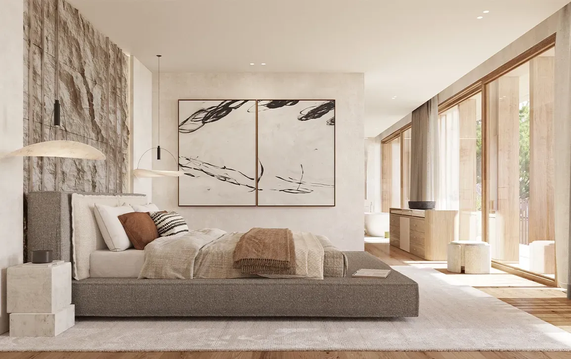 Luxurious bedroom with neutral tones, textured wall design, and modern hanging lamps in a high-end architectural villa.