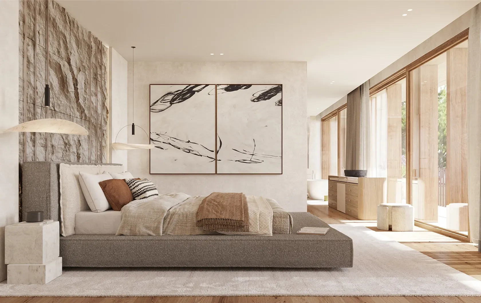 Luxurious bedroom with neutral tones, textured wall design, and modern hanging lamps in a high-end architectural villa.