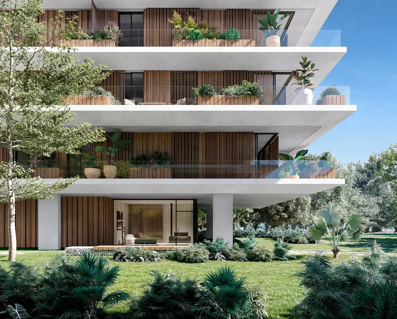 Modern residential entrance surrounded by vibrant greenery and wood details, showcasing LUV Studio’s seamless integration of architecture and nature.