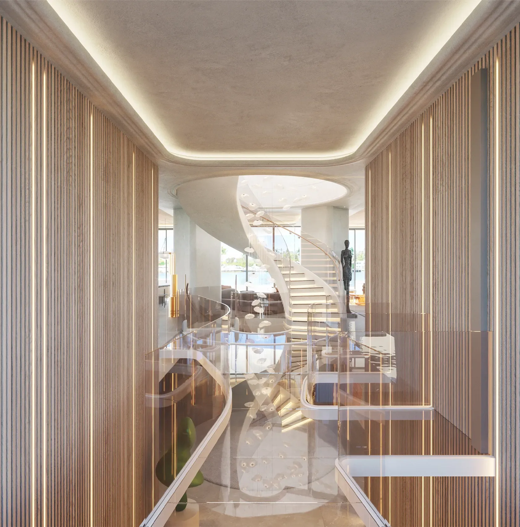 Elegant interior with a sculptural spiral staircase and refined architectural lighting.