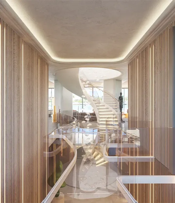 Elegant interior with a sculptural spiral staircase and refined architectural lighting.