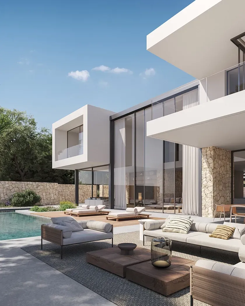 Elegant outdoor lounge with modern furniture facing an infinity pool, blending natural textures and clean architecture.