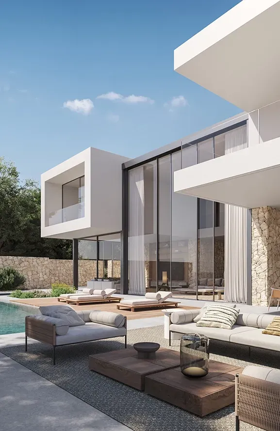 Elegant outdoor lounge with modern furniture facing an infinity pool, blending natural textures and clean architecture.