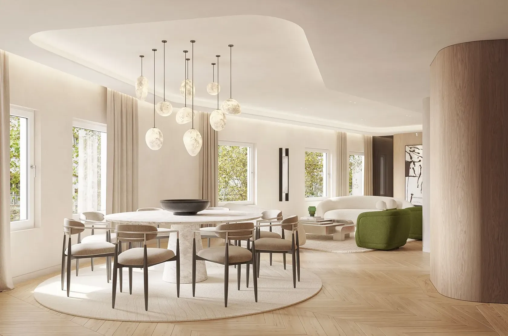 Dining area seamlessly connected to the living room, creating a warm, continuous space.