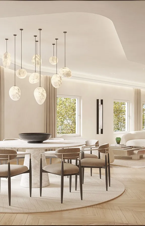 Dining area seamlessly connected to the living room, creating a warm, continuous space.