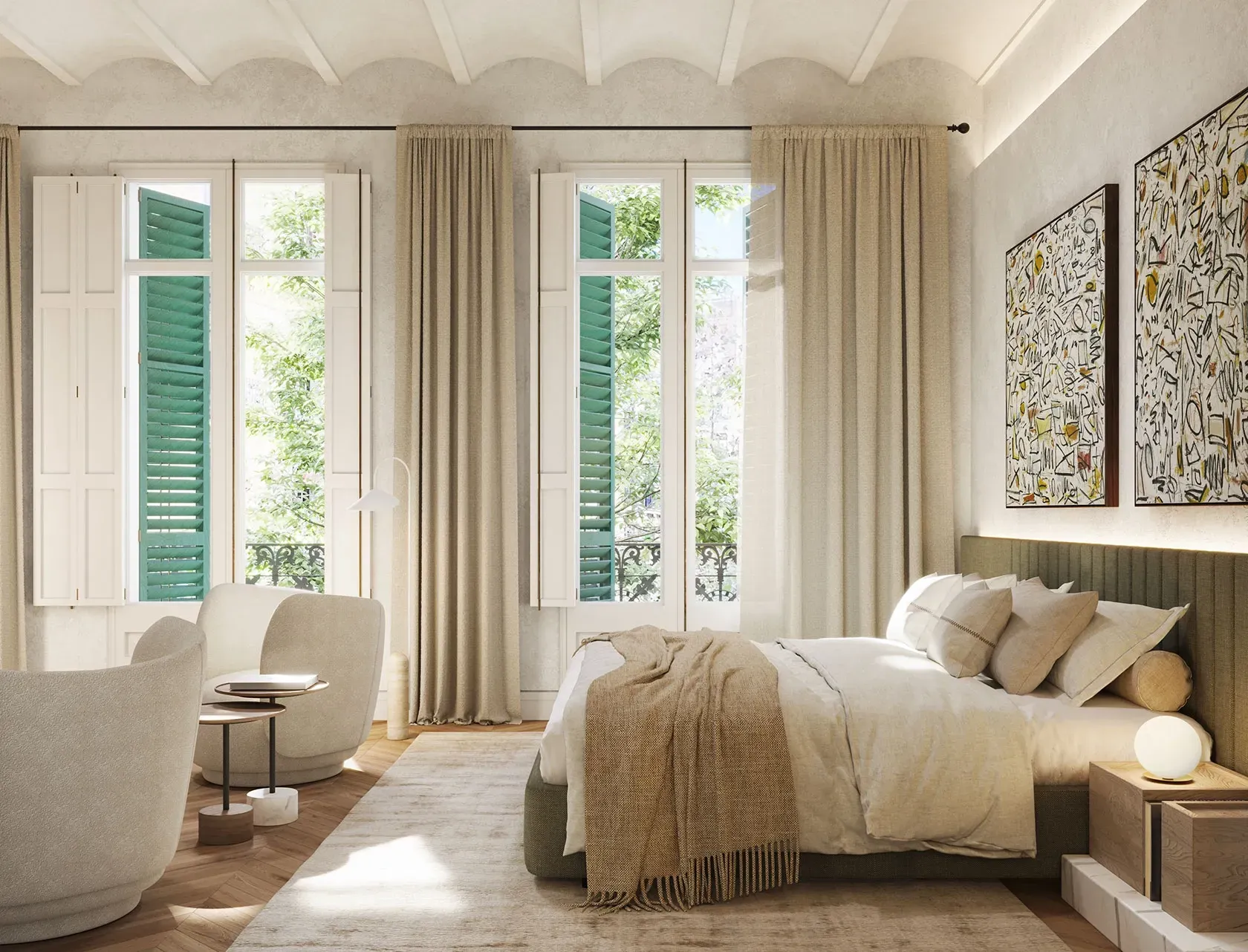 Tranquil bedroom suite with soft neutral tones, high ceilings, and tall windows opening to lush green views.