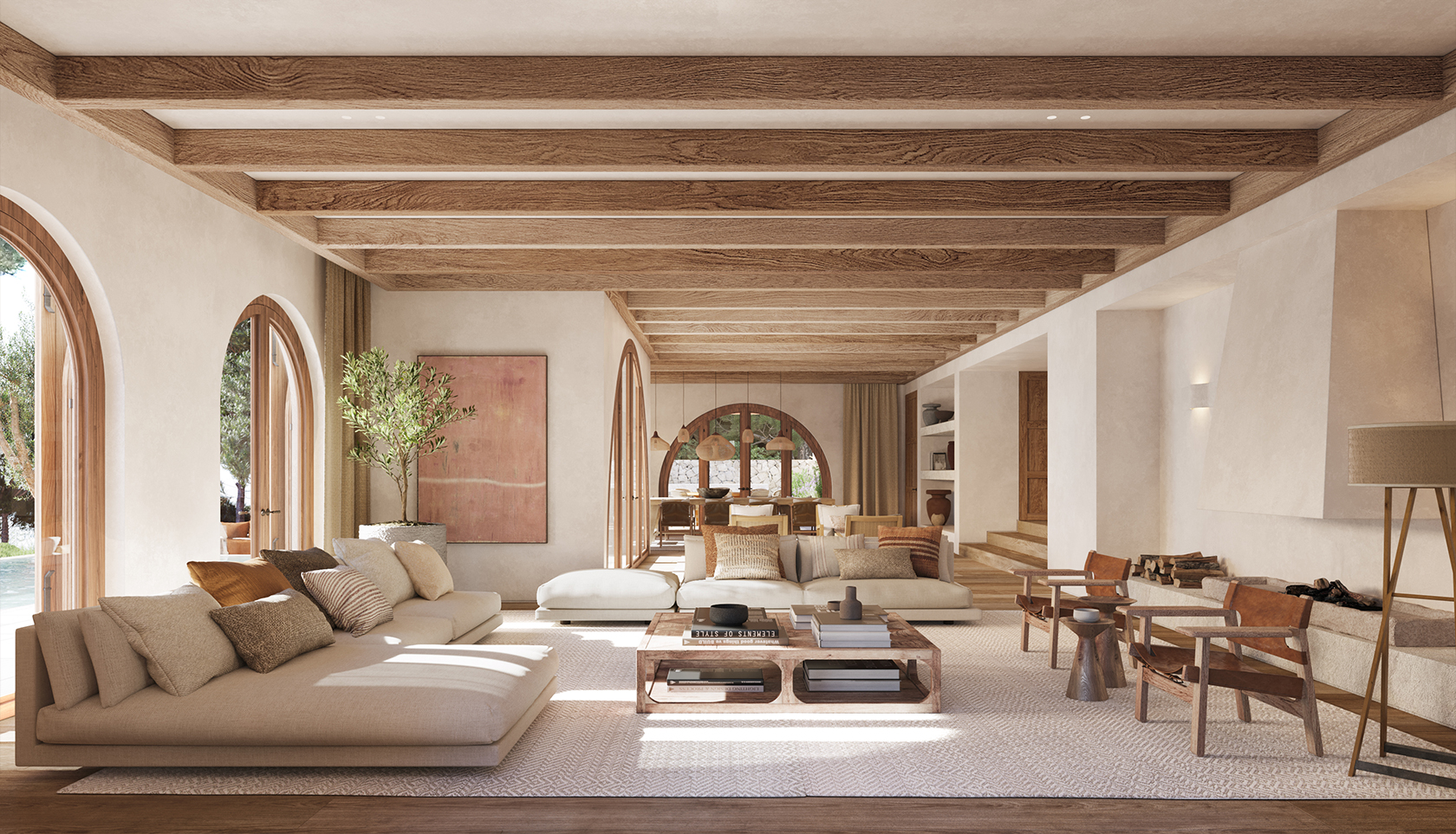 Open-plan living room with sculptural furniture and curated lighting creating a warm, luxurious atmosphere.