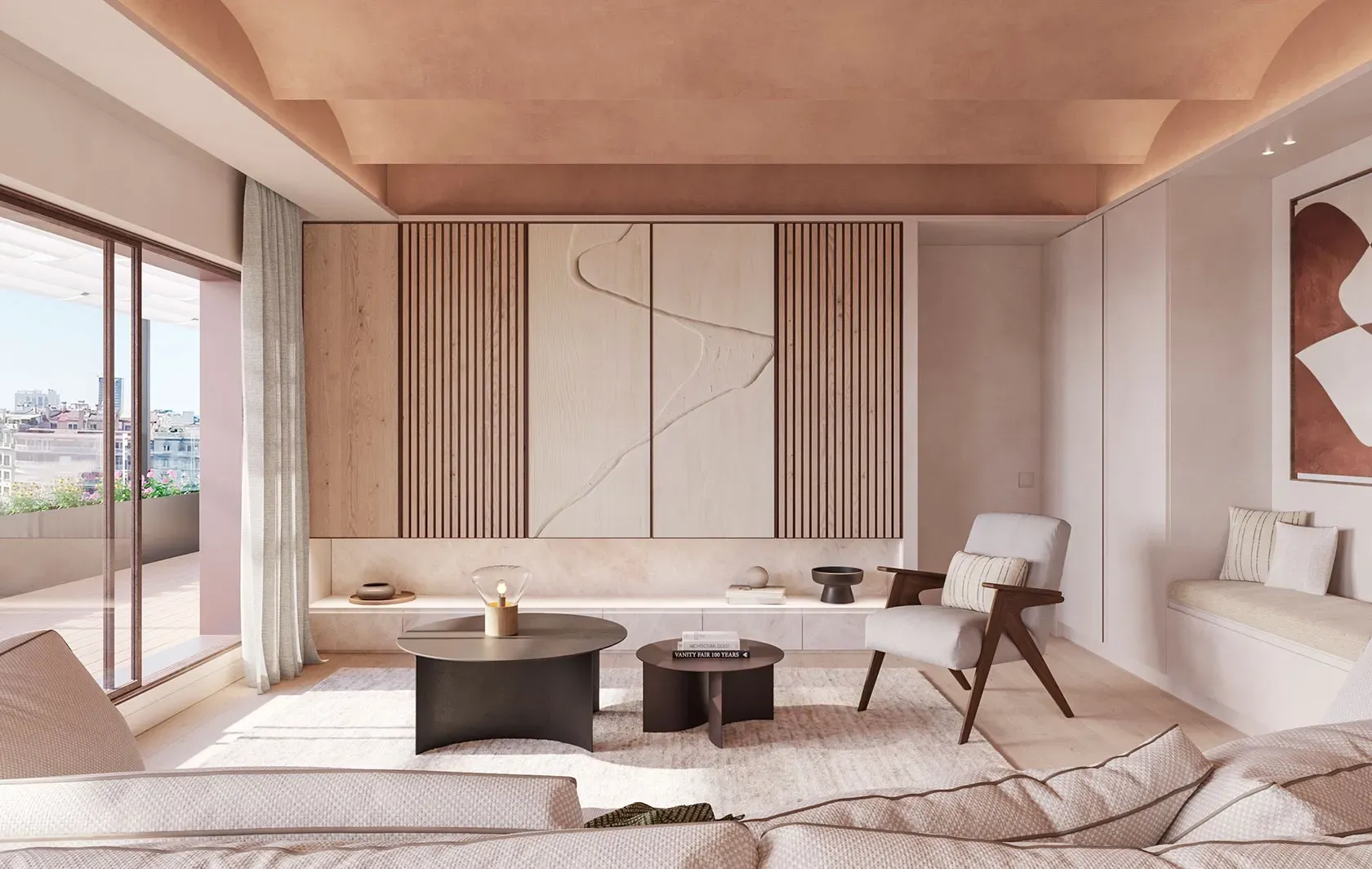 Contemporary living room showcasing sculpted panels, soft furnishings, and luxury architecture with terrace views.