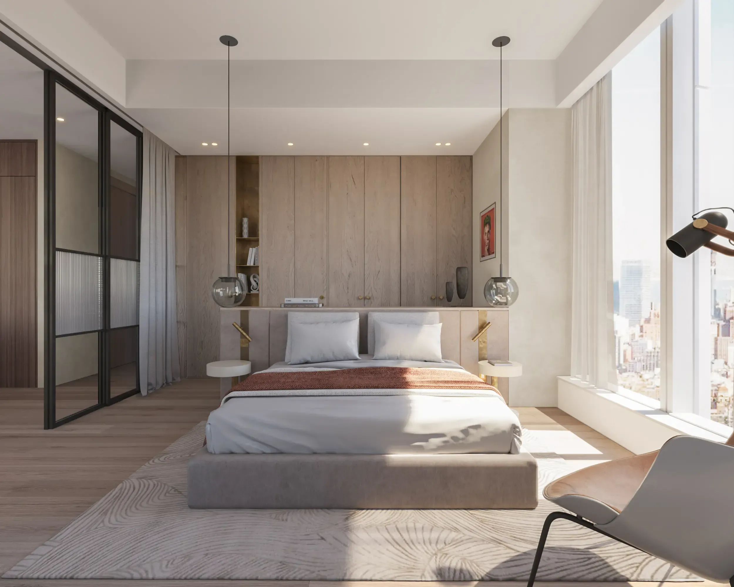 Refined master bedroom with wood paneling and floor-to-ceiling windows, part of a luxury Luv studio apartment.
