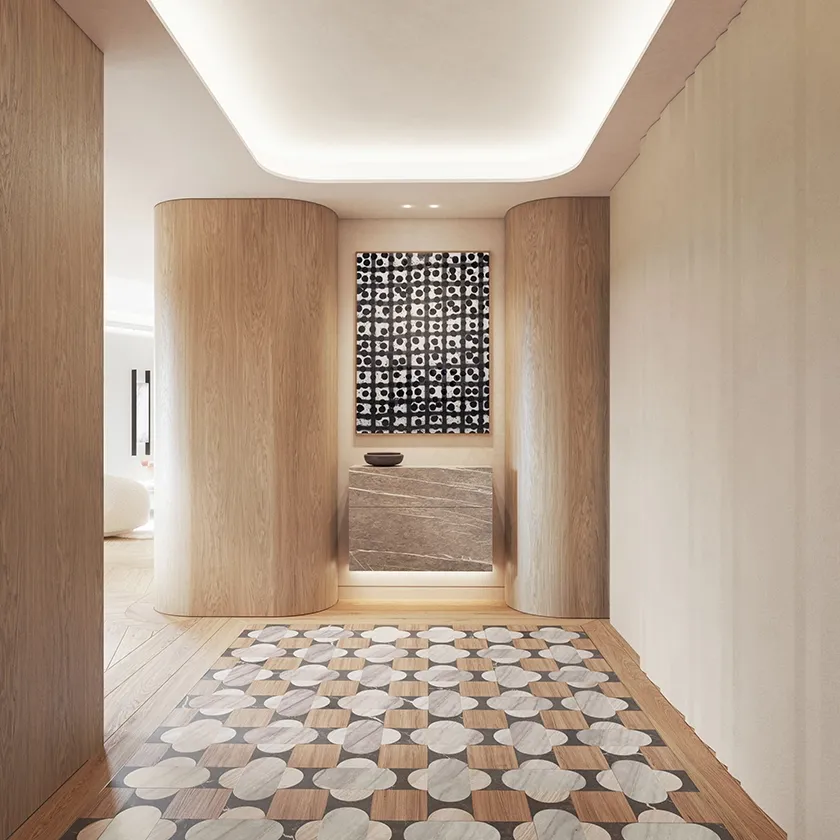 Welcoming entryway featuring a mosaic floor, setting the tone for refined design.