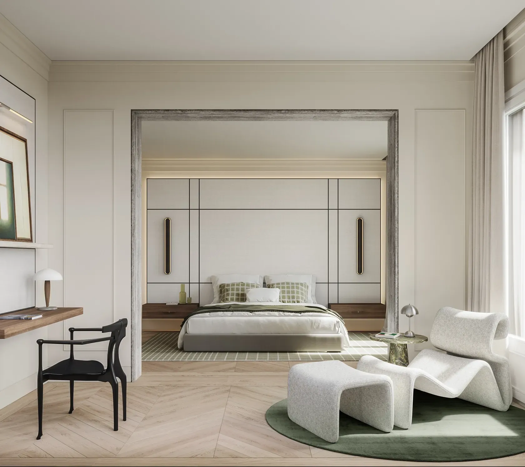 Calm bedroom suite with modern lounge chair, green accents, and seamless connection to the workspace.