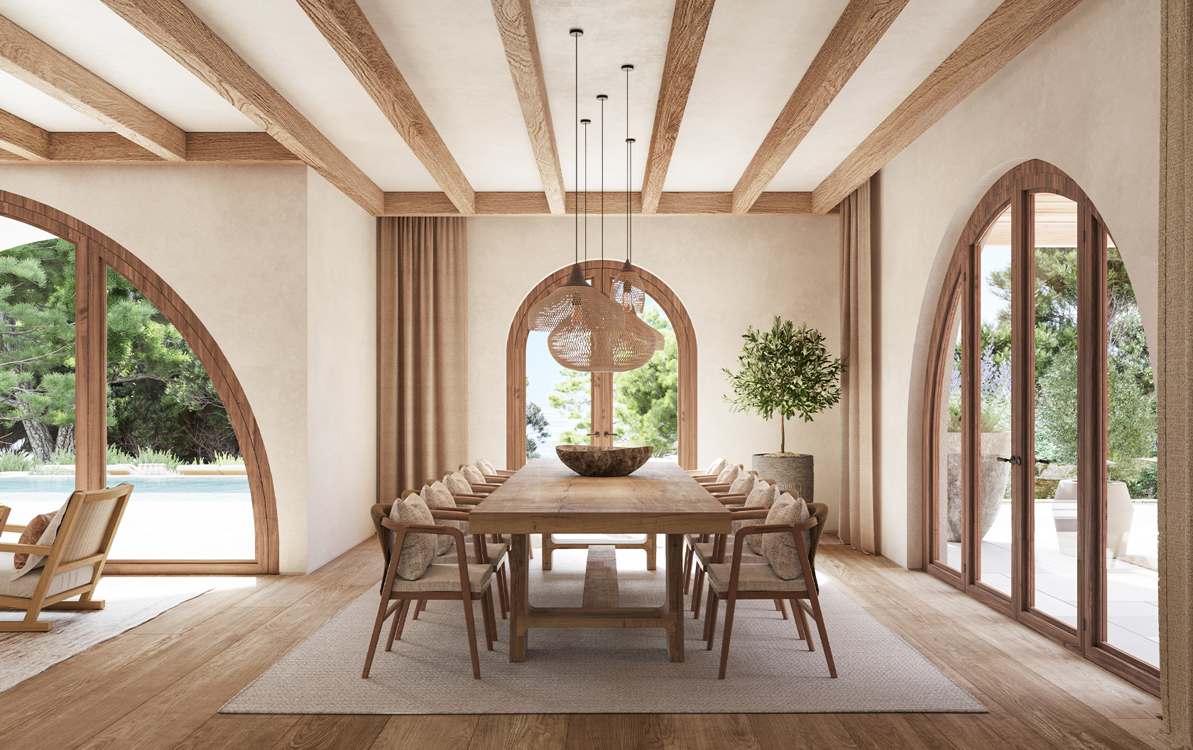 Modern dining space with round table, pendant lighting, and textured walls, embodying understated luxury.