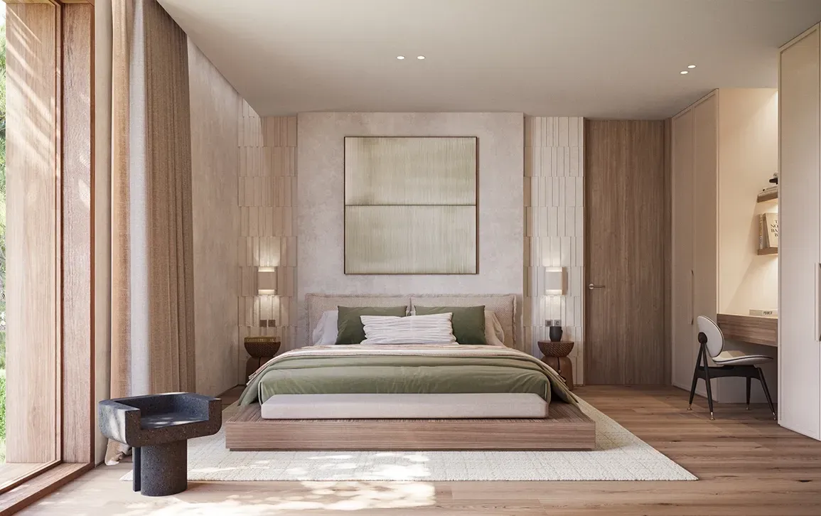 Serene bedroom with green accents, bespoke headboard wall, and natural light highlighting luxury architecture.