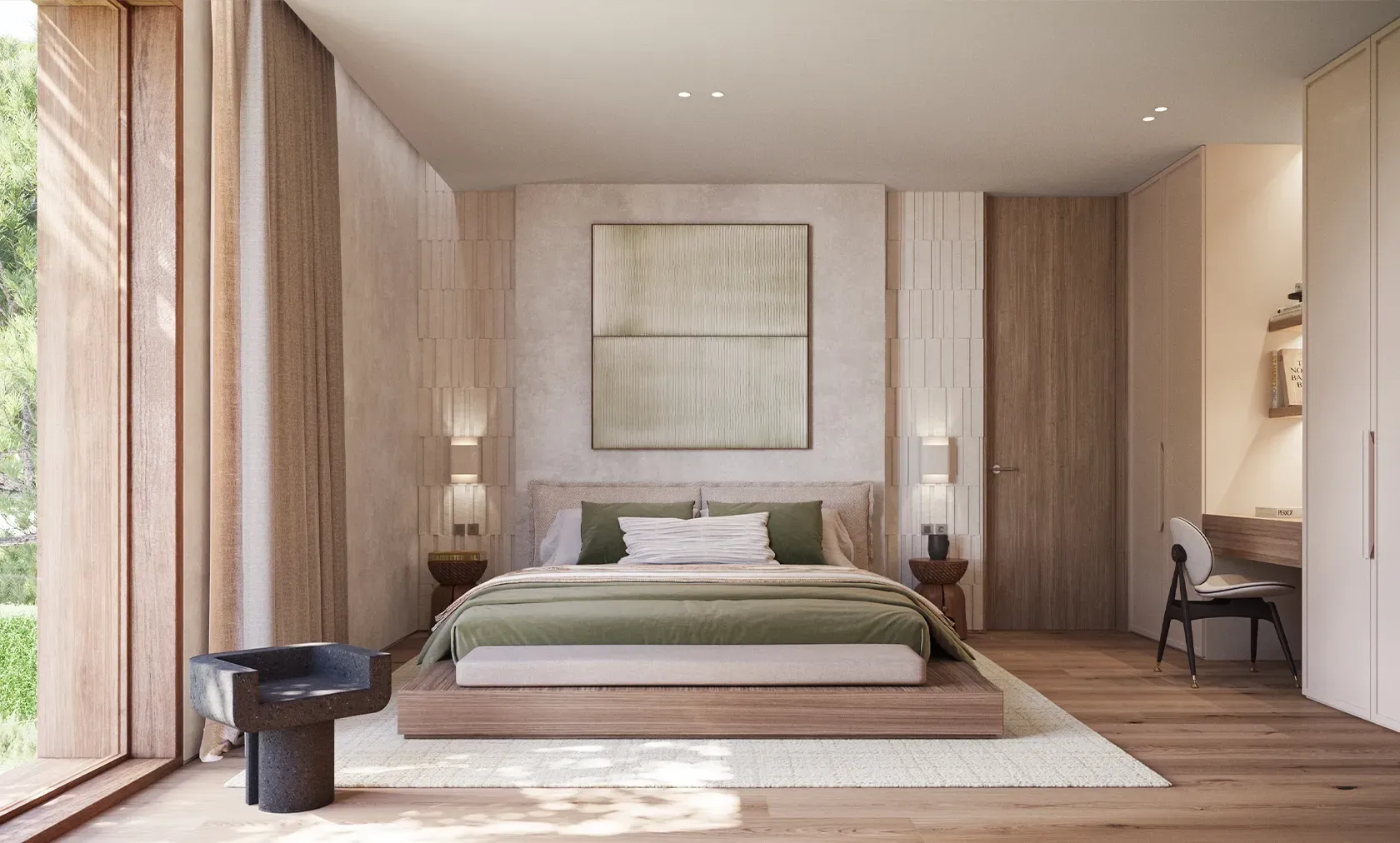 Serene bedroom with green accents, bespoke headboard wall, and natural light highlighting luxury architecture.