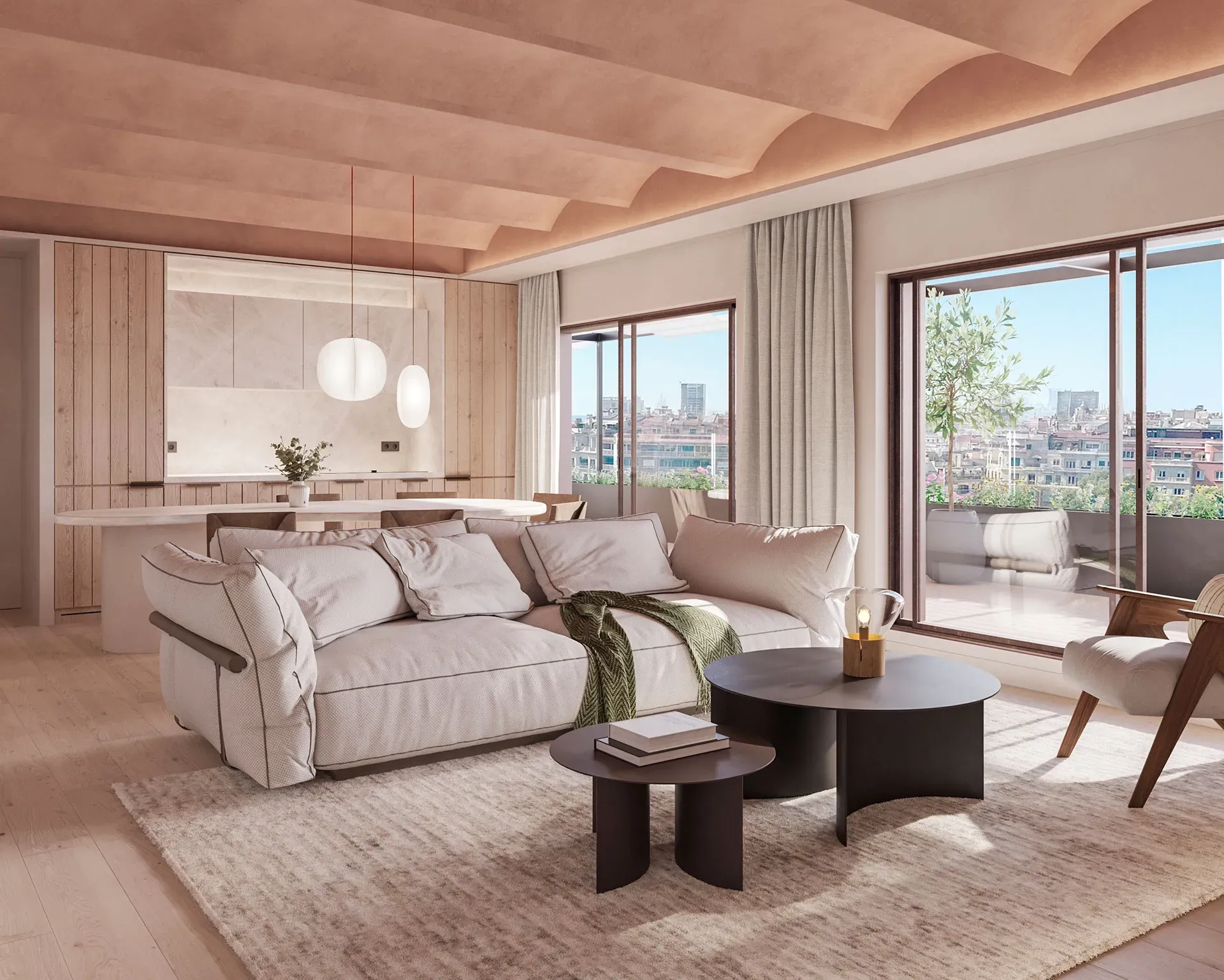 Corner living space blending luxury architecture, soft lighting, and panoramic views through large glass doors.