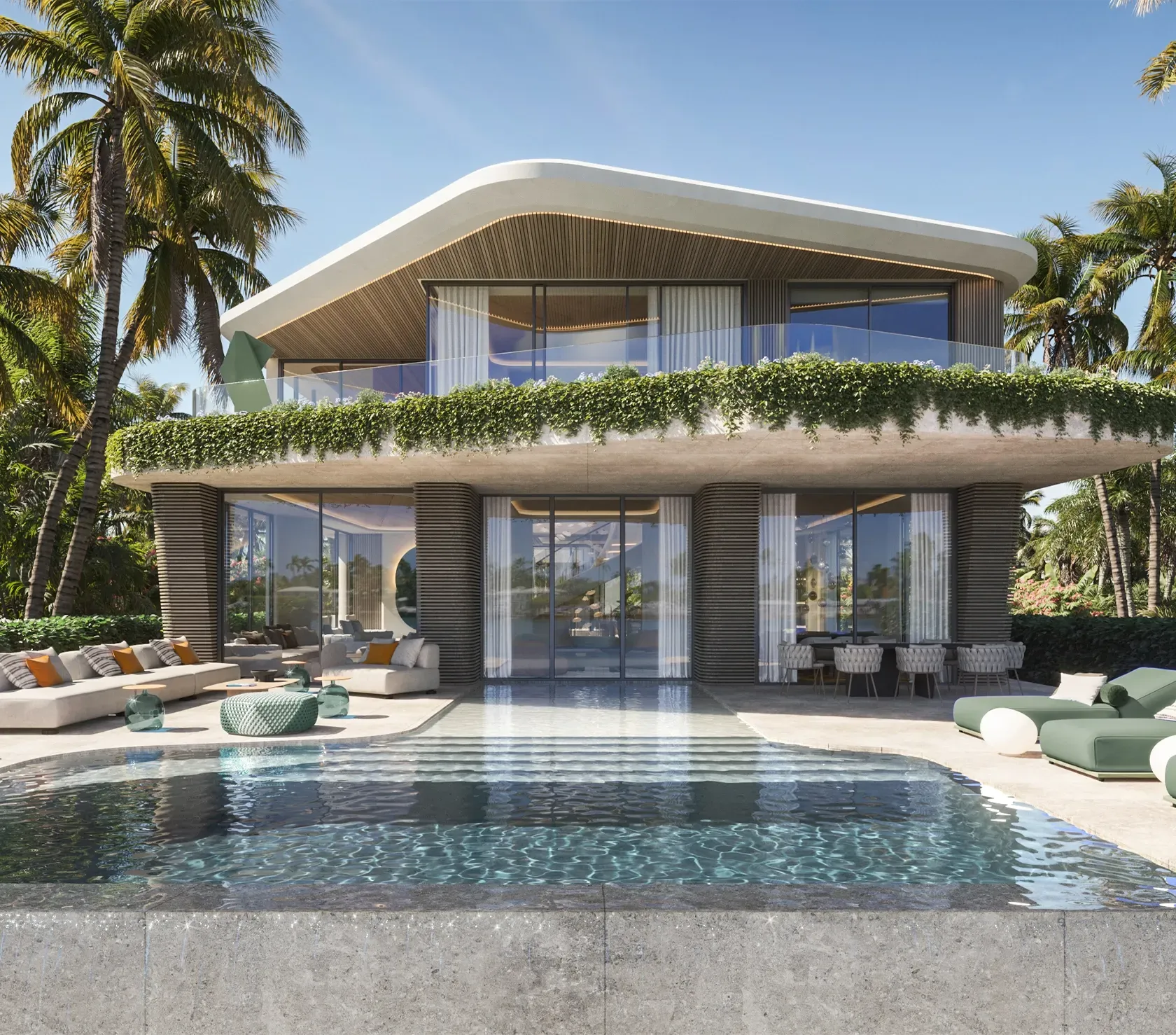 Modern villa with lush greenery, curved roof, and luxury poolside lounge area.