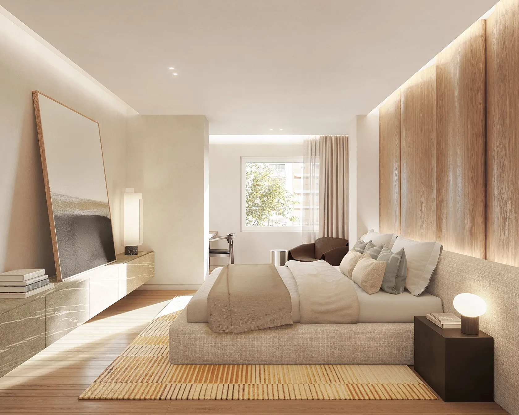 Cozy bedroom with natural materials and a serene, luminous atmosphere.