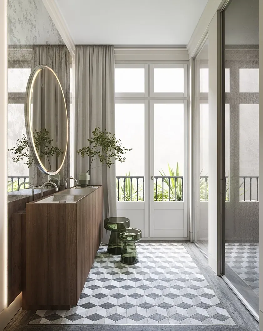 Bright bathroom with geometric tile floor, double sink in wood finish, and round mirror with LED frame.