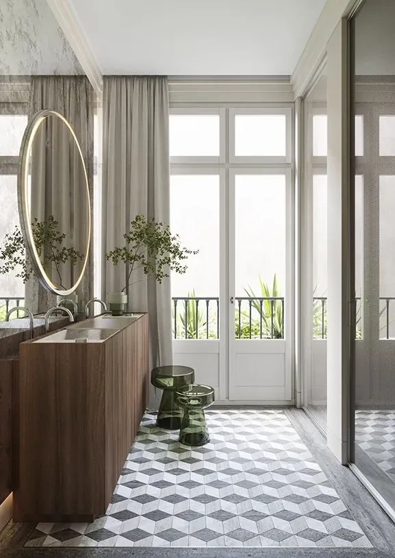 Bright bathroom with geometric tile floor, double sink in wood finish, and round mirror with LED frame.